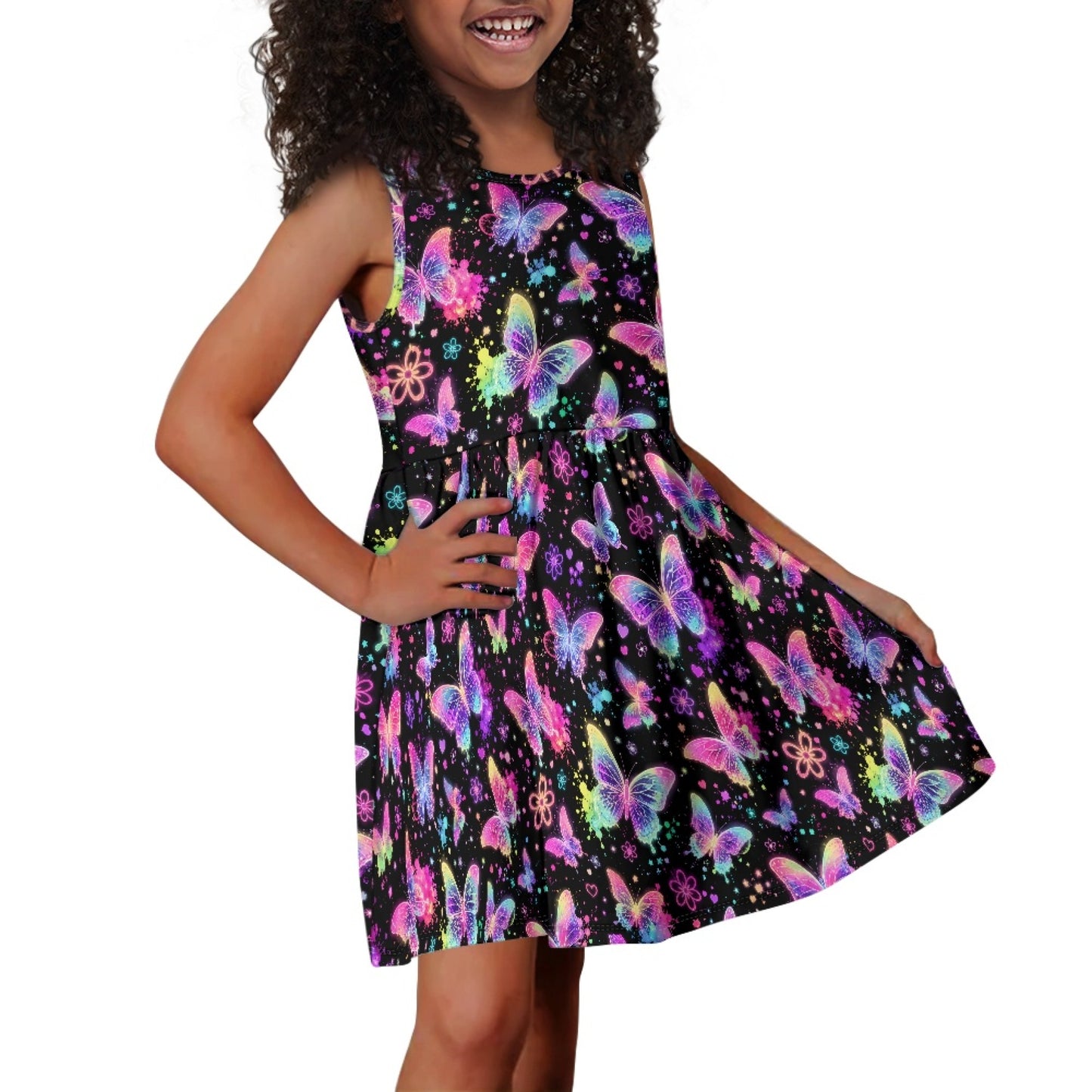 Girls Neon Butterfly Dress | Colorful Glow Twirl Dress for Kids