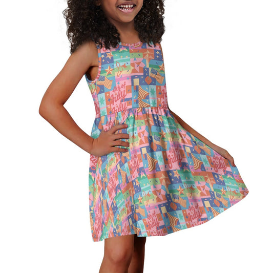Girls 4th of July Patchwork Dress – Colorful Patriotic Sleeveless Twirl Dress for Toddler & Little Girls