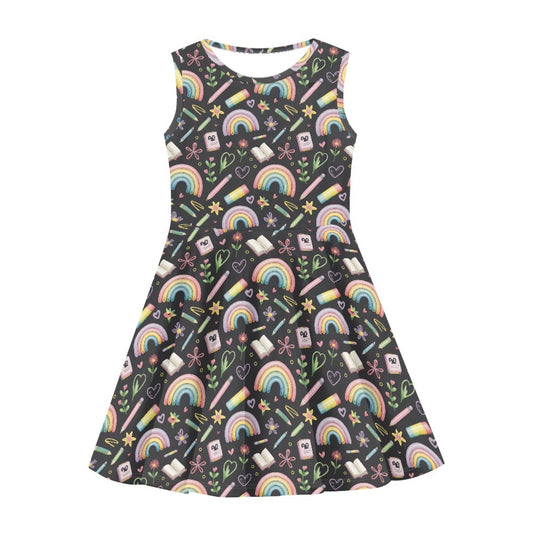 Girls Rainbow Schoolcore Dress | Cute Sleeveless Twirl Dress for Kids