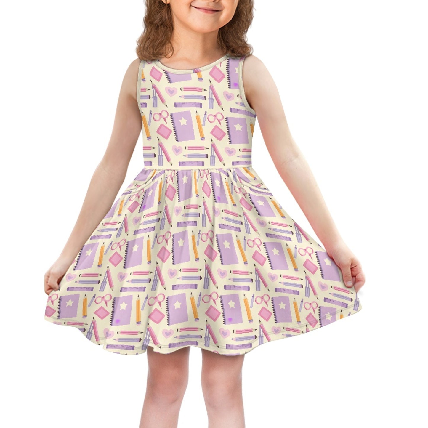 Girls School Supplies Print Dress | Cute Stationery Pattern Sleeveless Dress