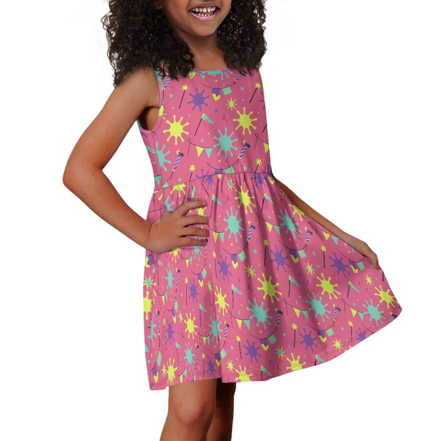 Girls Neon Party Dress – Cute Pink Sleeveless Twirl Dress for Toddler & Little Girls
