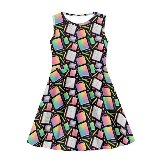Girls Neon School Supplies Dress | Cute Rainbow Sleeveless Twirl Dress for Kids(副本)