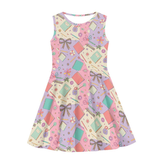 Girls Pastel Schoolcore Dress | Cute Stationery Sleeveless Twirl Dress for Kids
