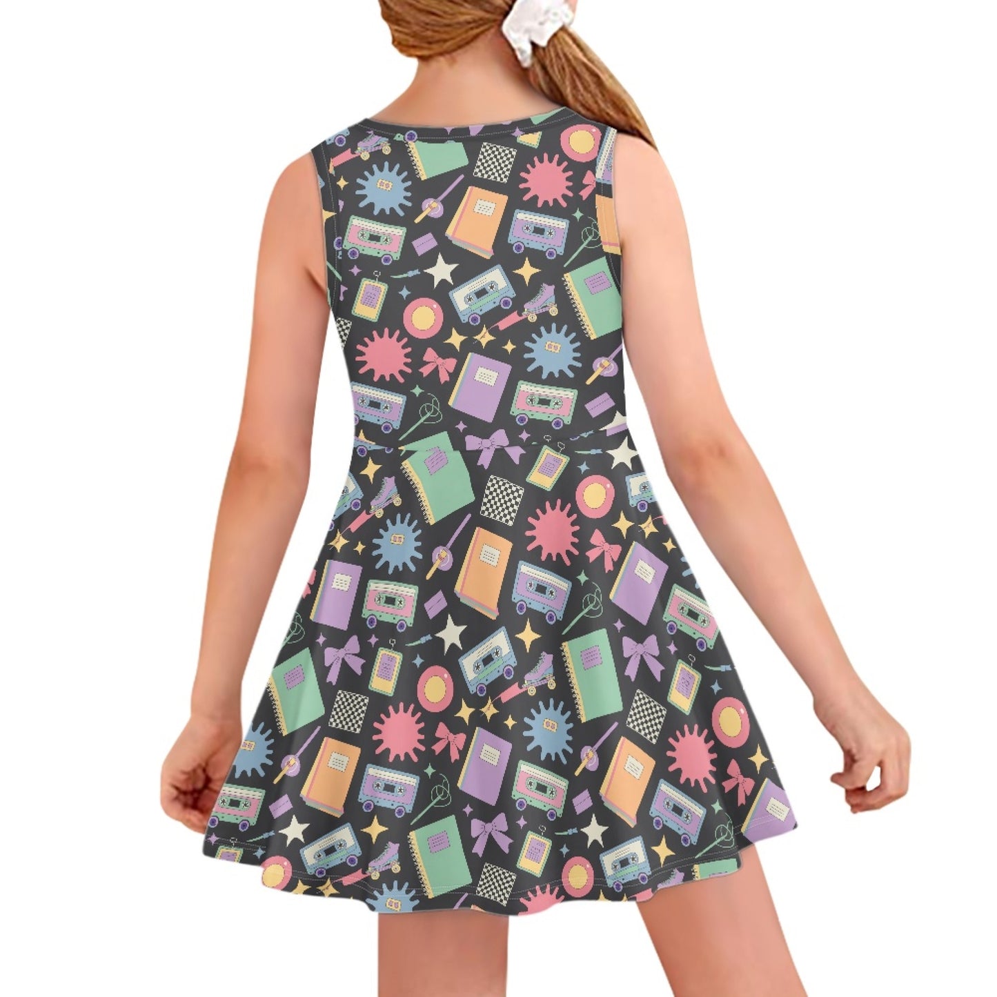 Girls Retro Schoolcore Dress | Cute Cassette Print Sleeveless Twirl Dress for Kids