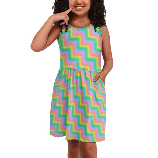 Girls Rainbow Zigzag Dress | Colorful Sleeveless Twirl Dress for Kids