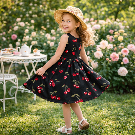 Girls Cherries Black Sleeveless Dress with Pockets – Girl Party Dress