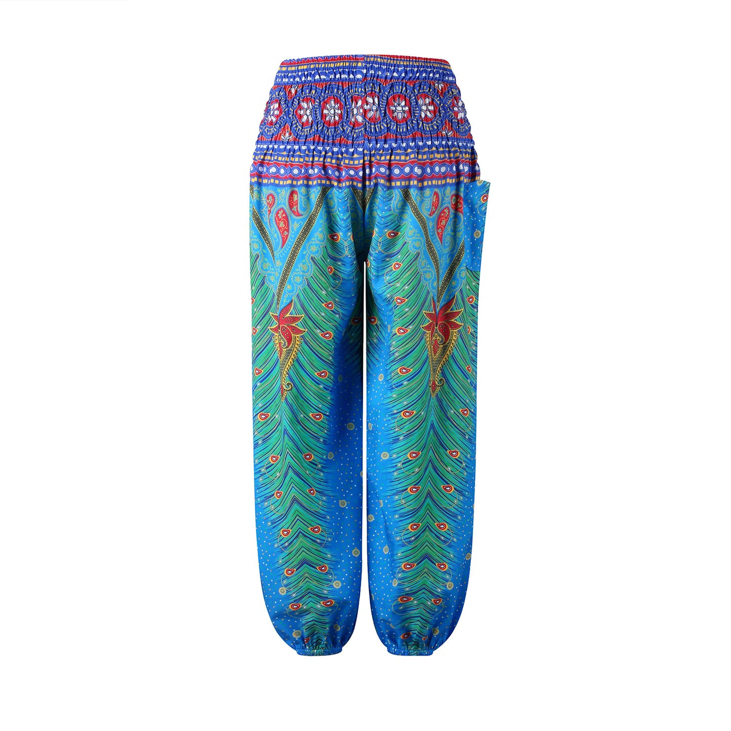 Girls Boho Peacock Pants โ Tropical Wide Leg Beach Pants with Elastic Waist & Pocket
