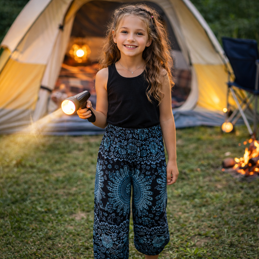 Girls Boho Mandala Pants – Blue Floral Wide Leg Beach Pants with Elastic Waist
