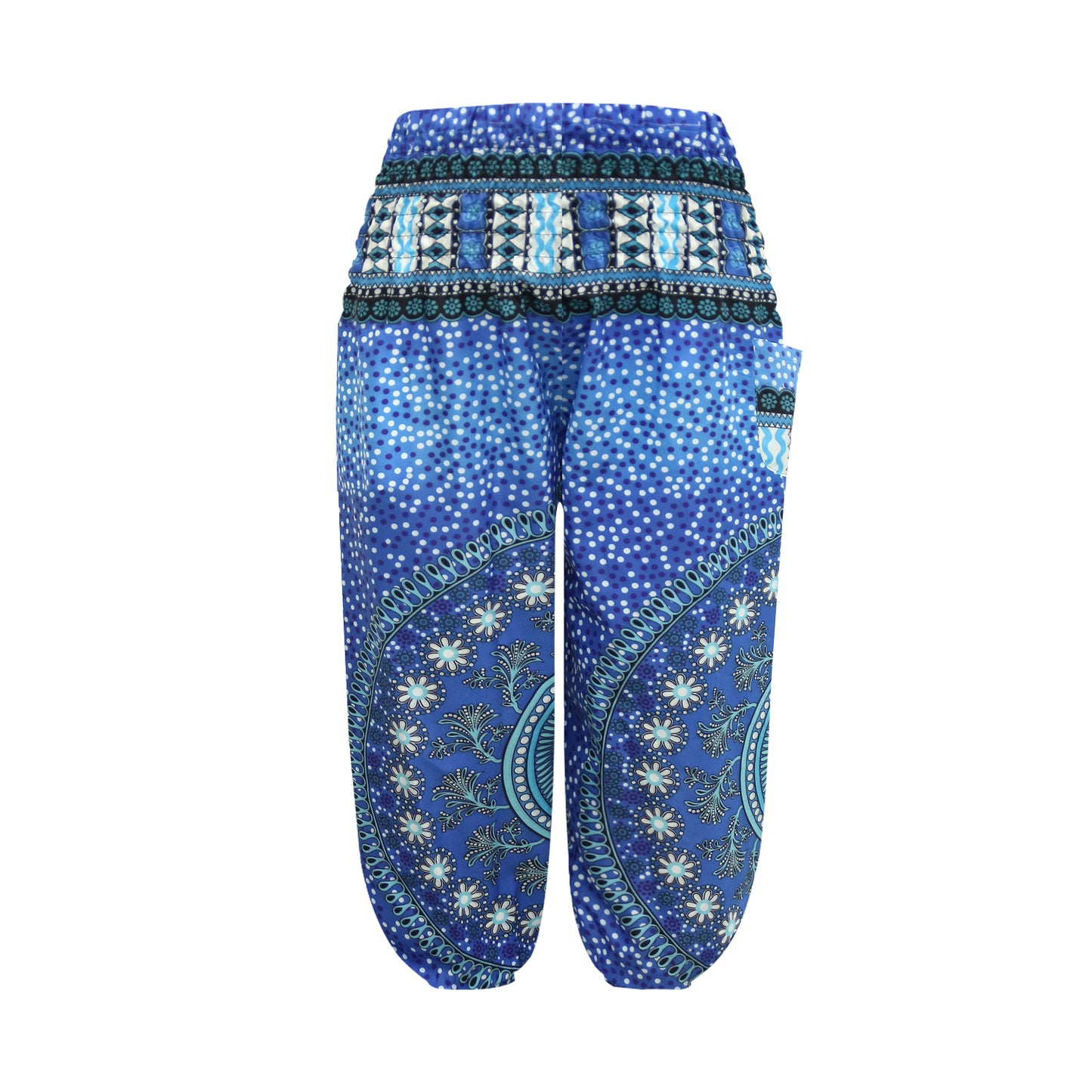 Girls Blue Boho Harem Pants โ Mandala Pattern Wide Leg Beach Pants with Elastic Waist