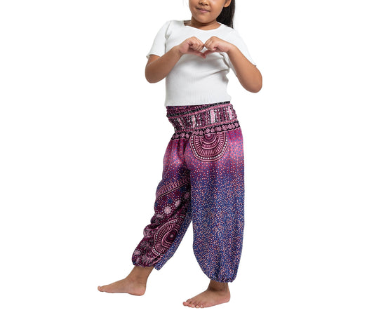 Girls Purple Boho Harem Pants – Mandala Gradient Wide Leg Beach Pants with Elastic Waist
