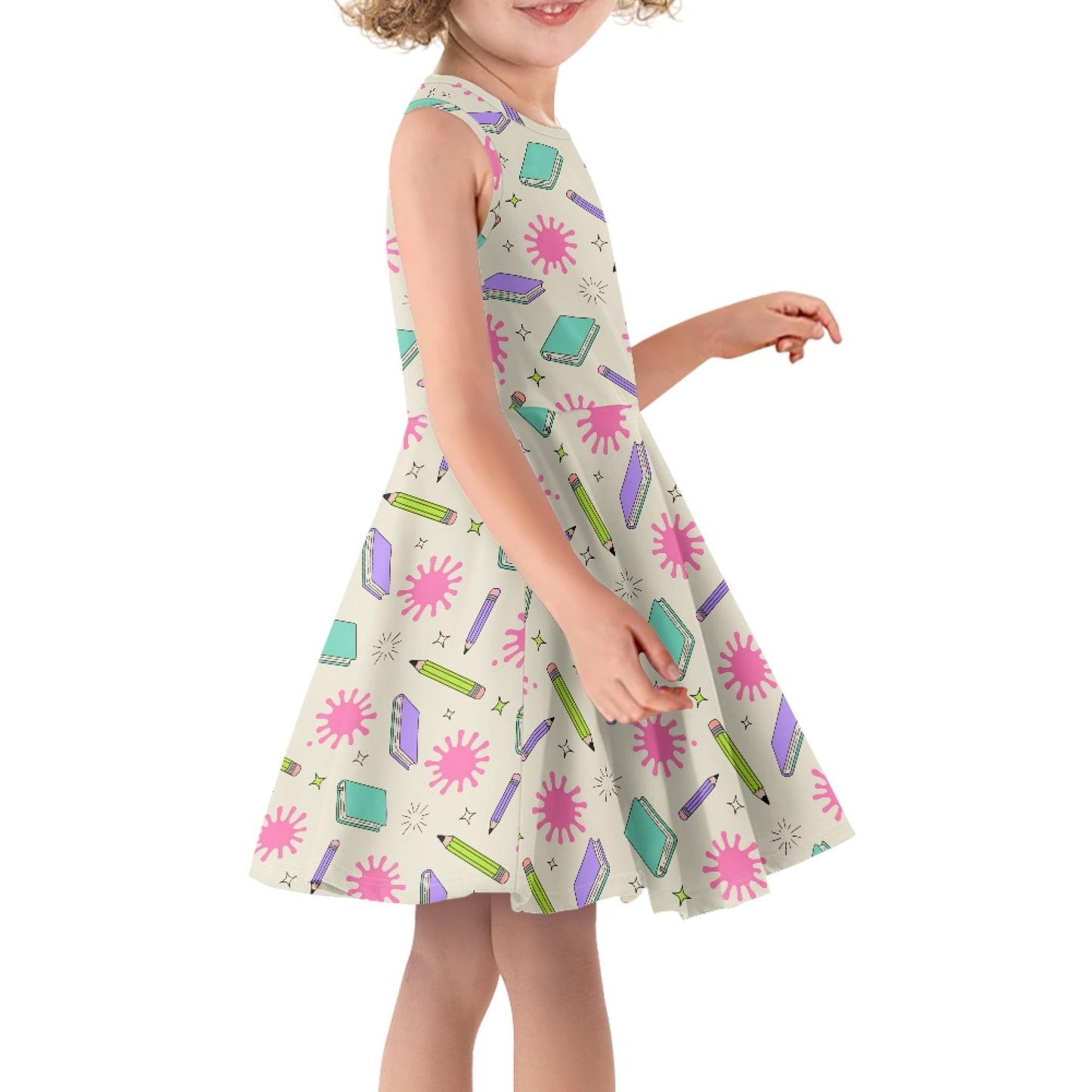 Girls Schoolcore Pencil & Notebook Dress | Cute Sleeveless Twirl Dress for Kids