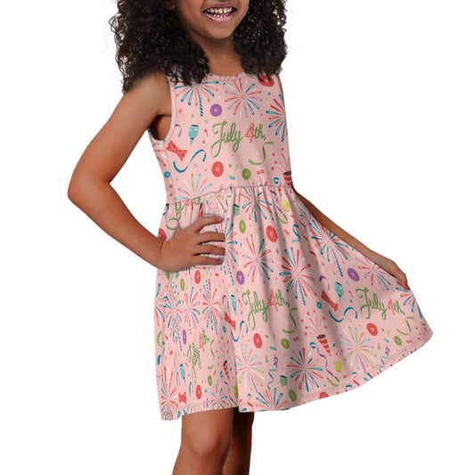 Girls July 4th Fireworks Dress – Cute Pink Independence Day Sleeveless Twirl Dress for Toddler & Little Girls