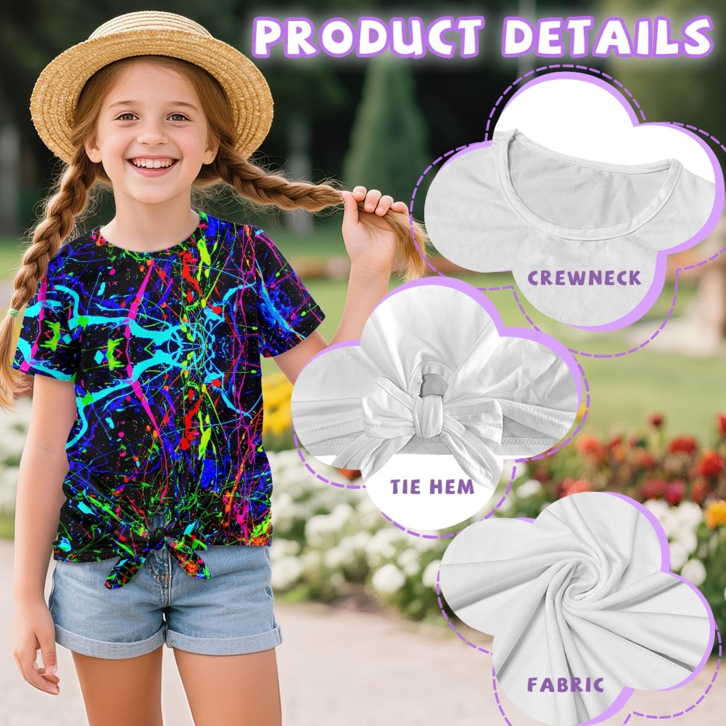 Neon Paint Splatter All-Over Print Girl's Front-Tie Tee