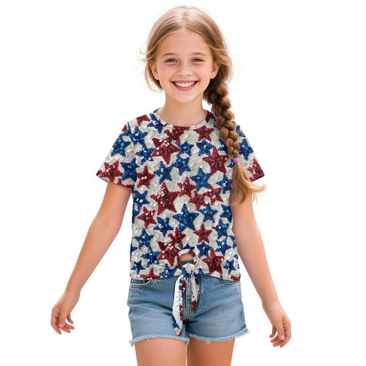 Patriotic Stars Sequin Graphic All-Over Print Girl's Front-Tie Tee