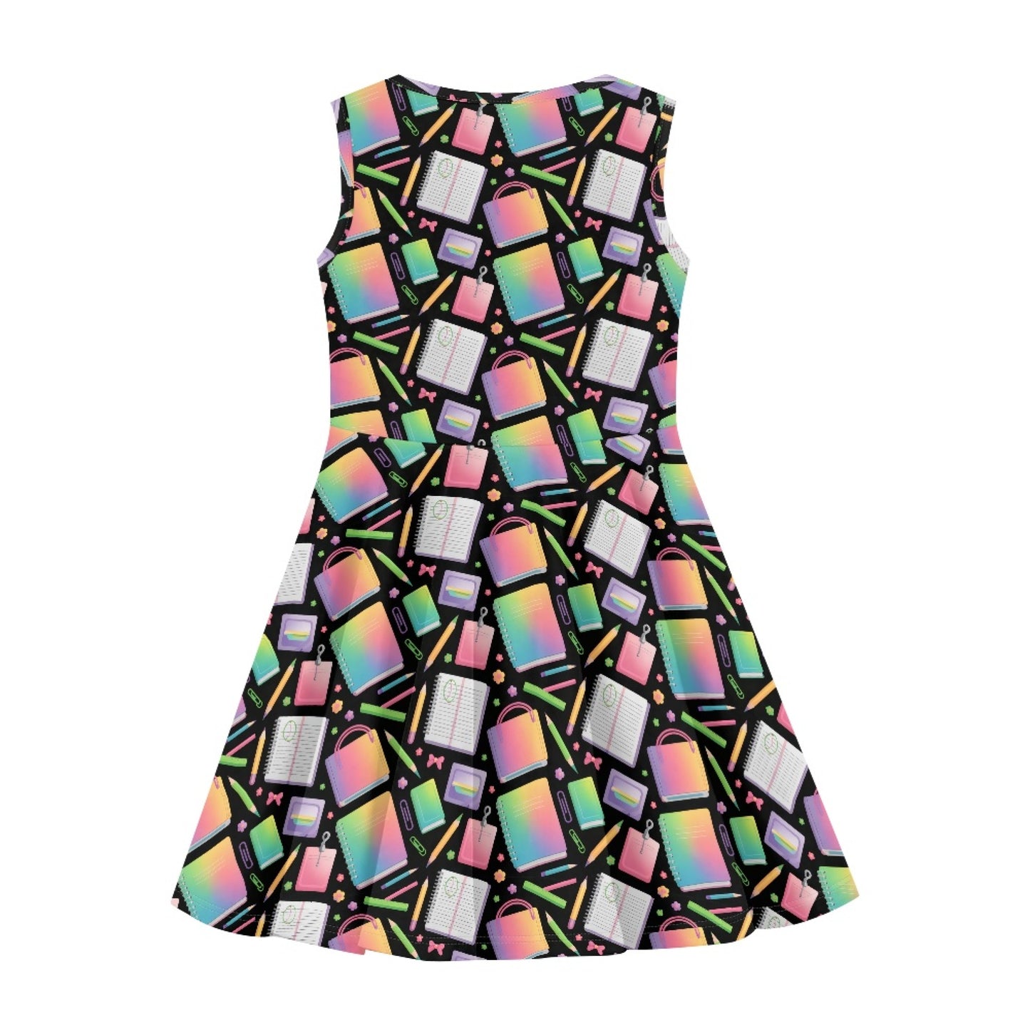 Girls Neon School Supplies Dress | Cute Rainbow Sleeveless Twirl Dress for Kids