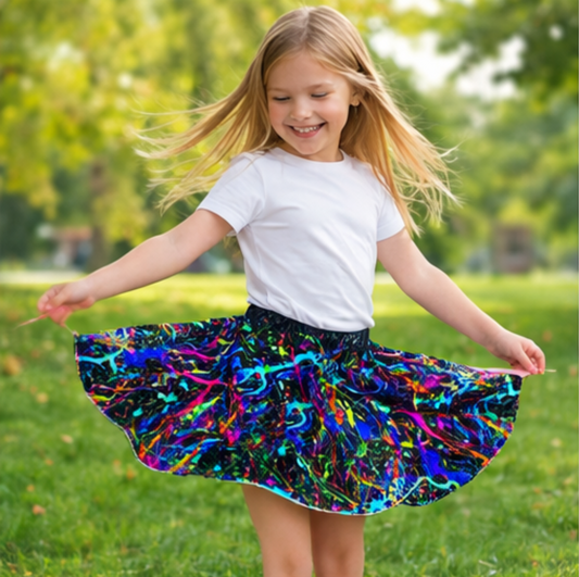 Girls Neon Paint Skort – Color Splash Athletic Skirt with Built-in Shorts & Pocket