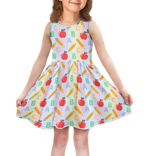 Girls ABC Apple Print Dress | Colorful Back to School Sleeveless Dress