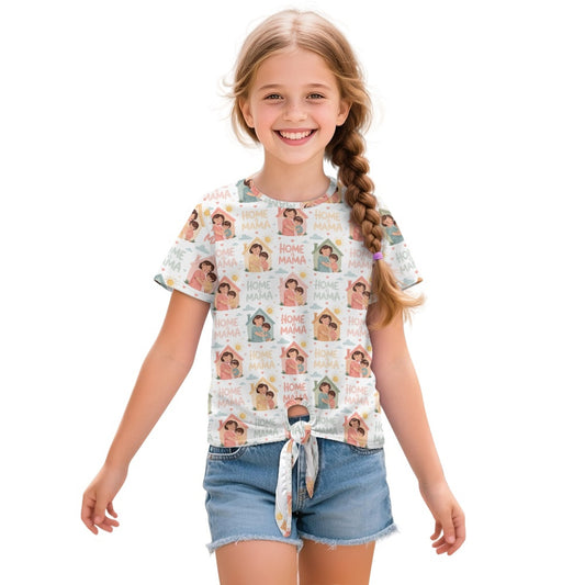 Home is Mama | Girl's All-Over Illustration Print Front-Tie Tee