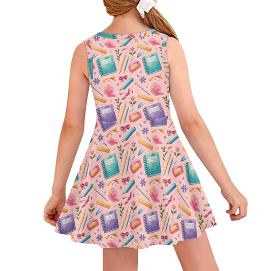 Girls School Supplies Dress | Cute Pink Sleeveless Twirl Dress for Kids