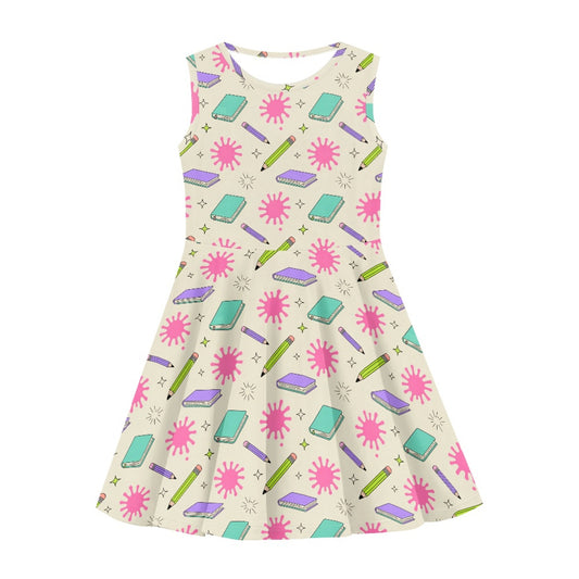 Girls Schoolcore Pencil & Notebook Dress | Cute Sleeveless Twirl Dress for Kids