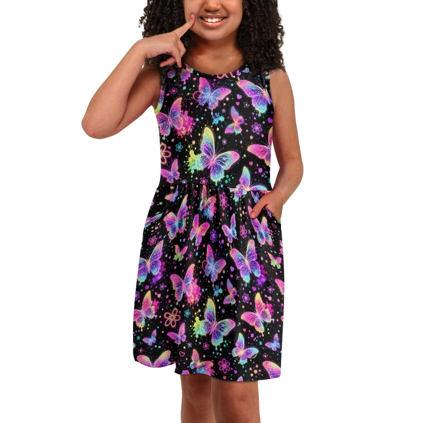 Girls Neon Butterfly Dress | Colorful Glow Twirl Dress for Kids