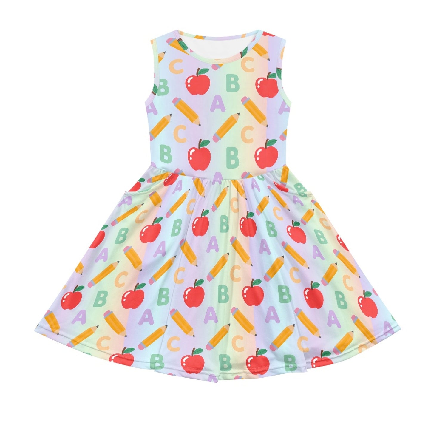 Girls ABC Apple Print Dress | Colorful Back to School Sleeveless Dress