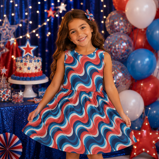 Girls Retro Wave Dress – Patriotic Sleeveless Twirl Dress for Toddler & Little Girls