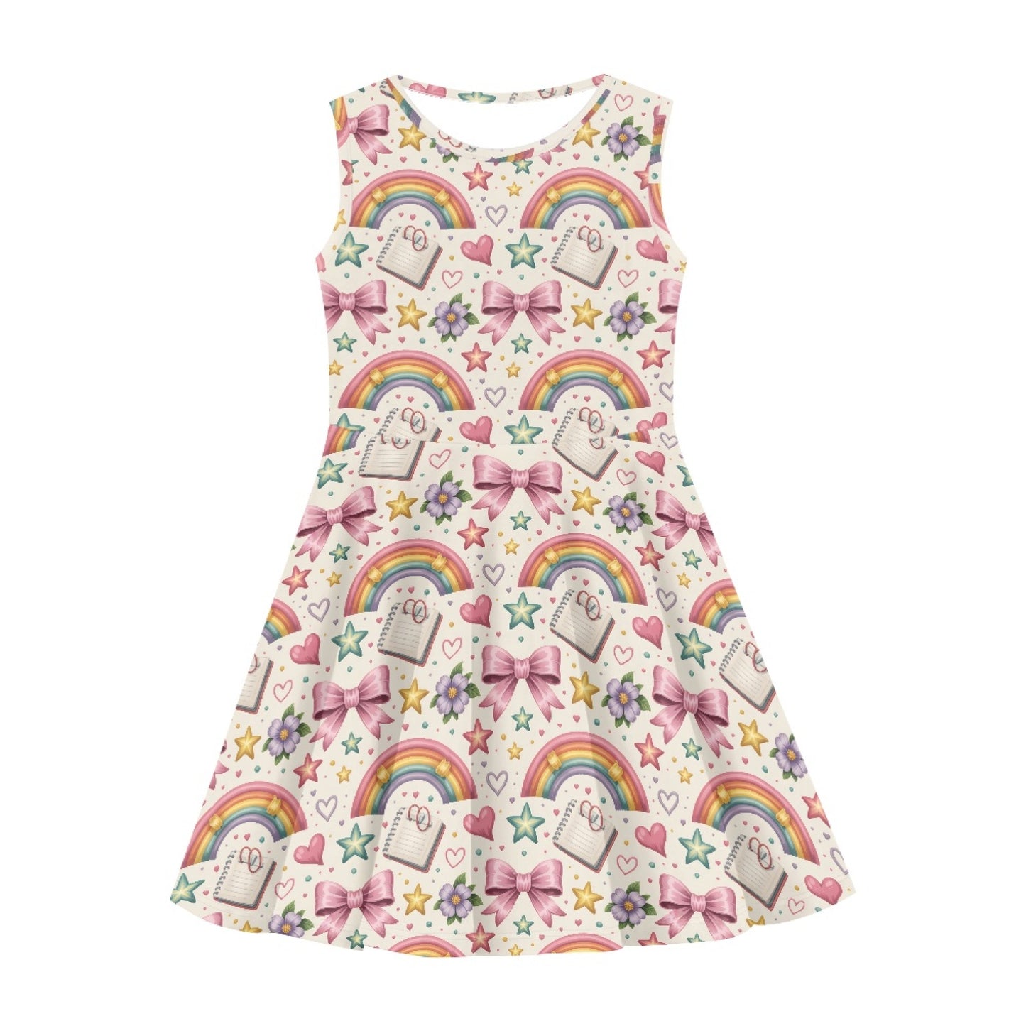 Girls Rainbow Schoolcore Dress | Cute Sleeveless Twirl Dress for Kids