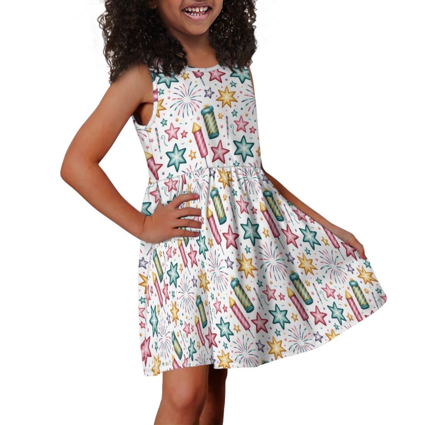 Girls Fireworks Stars Dress – Colorful Sleeveless Summer Twirl Dress for Toddler & Little Girls