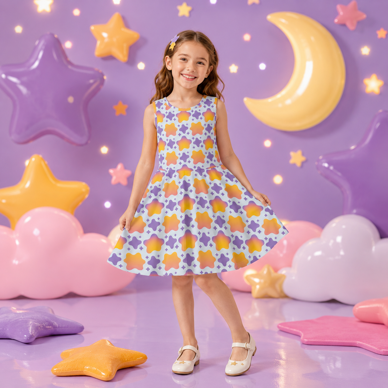 Girls Gradient Star Dress | Cute Pastel Sleeveless Twirl Dress for Kids