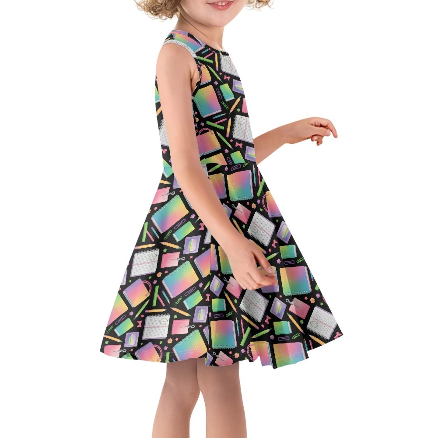 Girls Neon School Supplies Dress | Cute Rainbow Sleeveless Twirl Dress for Kids