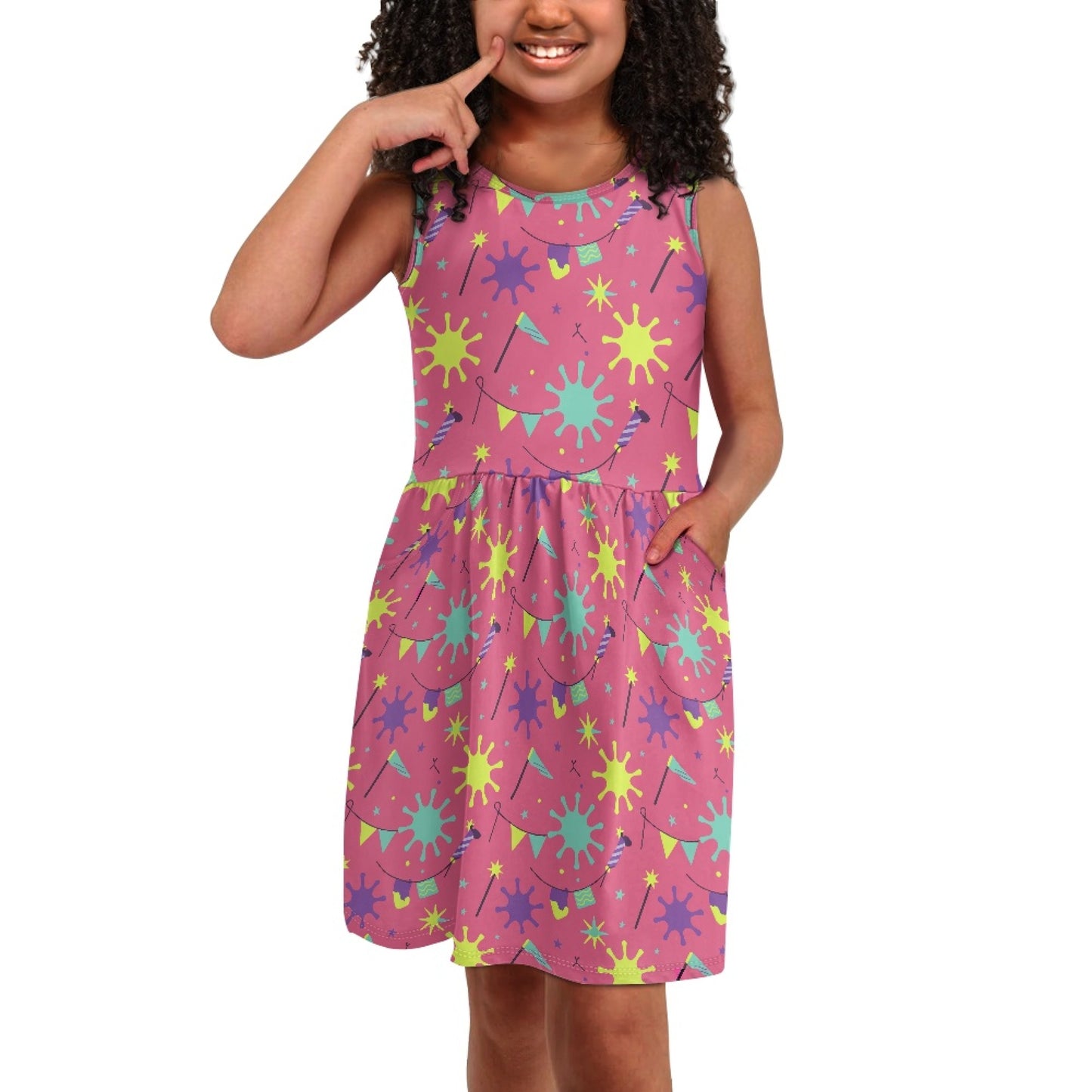 Girls Neon Party Dress – Cute Pink Sleeveless Twirl Dress for Toddler & Little Girls