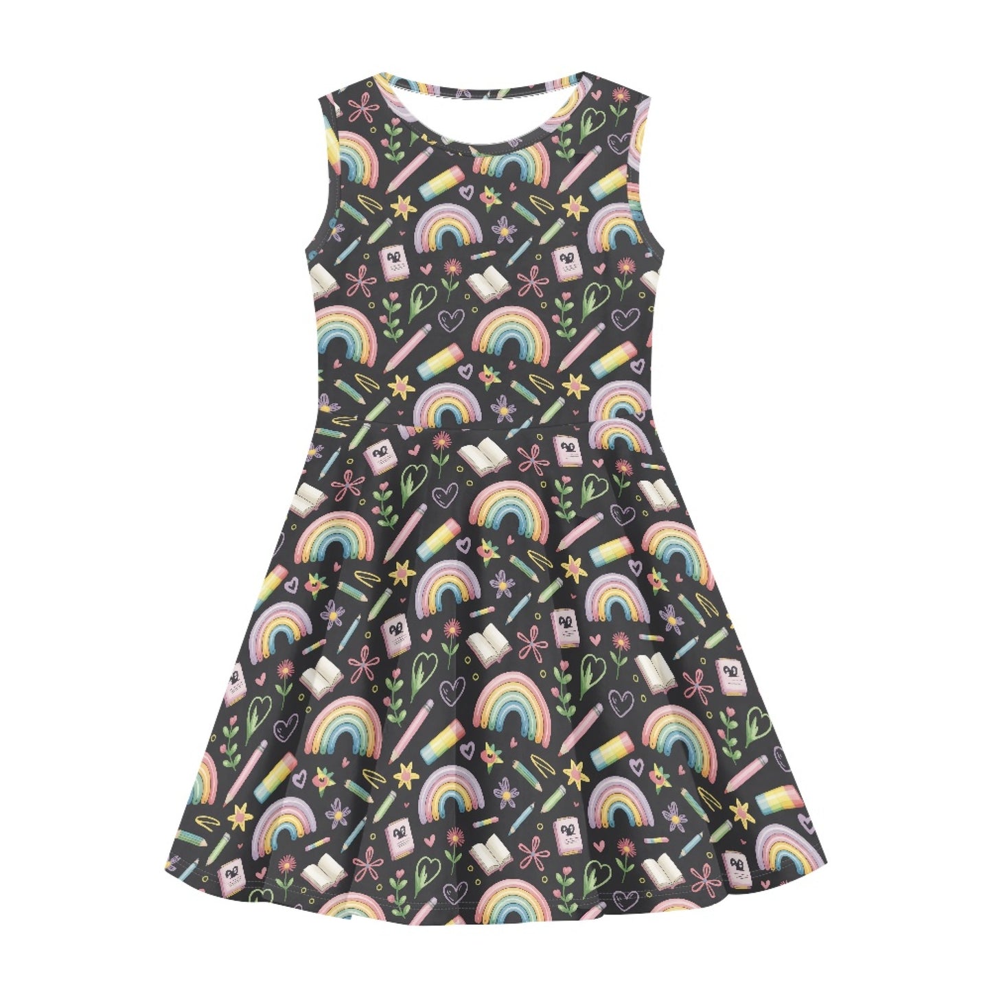 Girls Rainbow Schoolcore Dress | Cute Sleeveless Twirl Dress for Kids