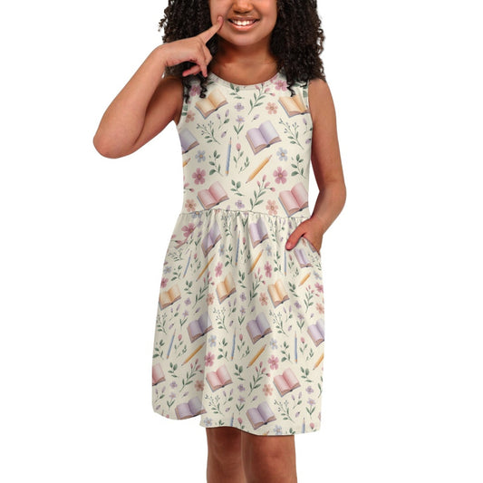 Girls Floral Book Print Dress | Cute School Theme Sleeveless Twirl Dress