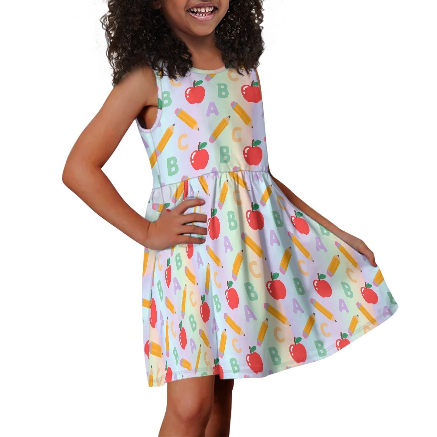 Girls ABC Apple Print Dress | Colorful Back to School Sleeveless Dress