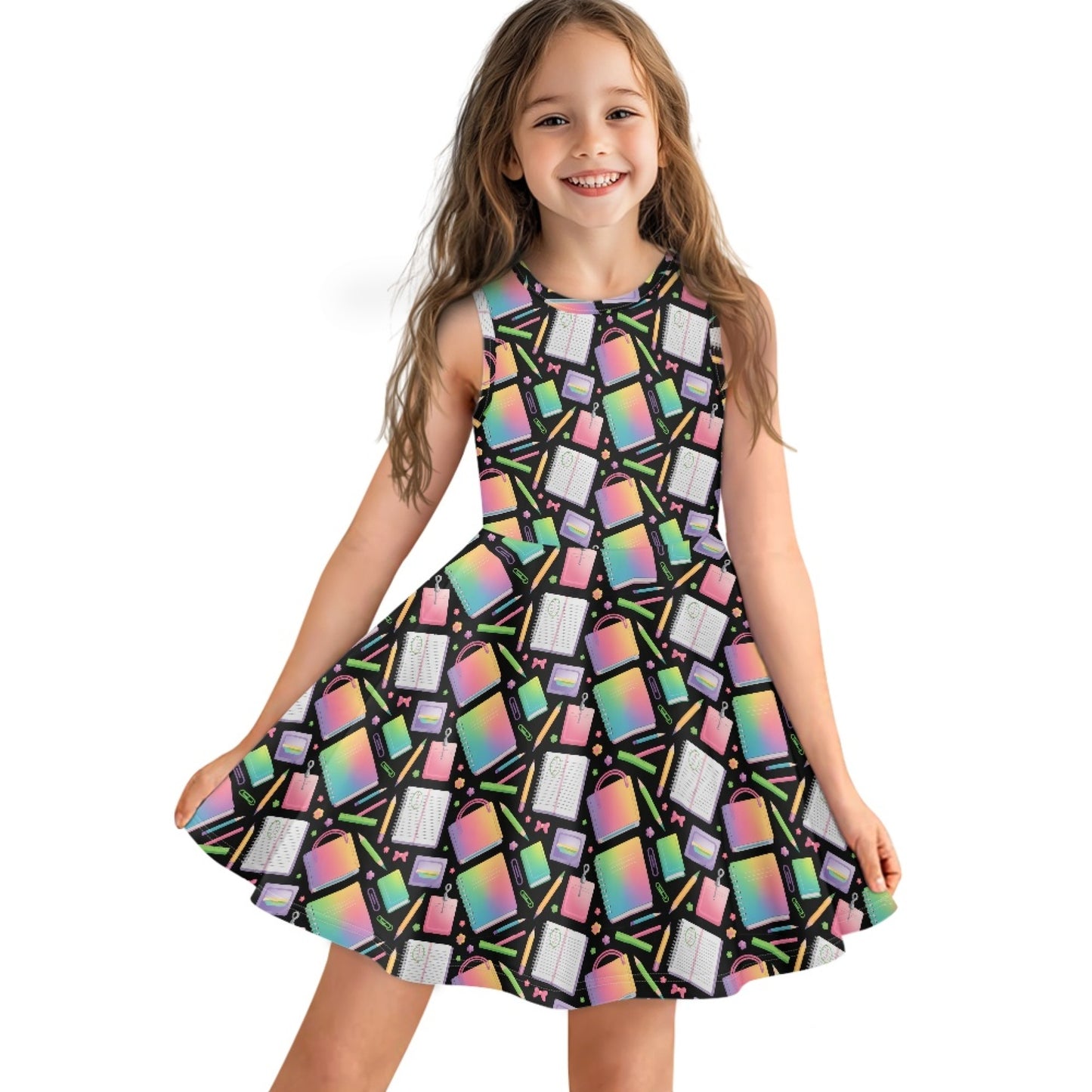 Girls Neon School Supplies Dress | Cute Rainbow Sleeveless Twirl Dress for Kids