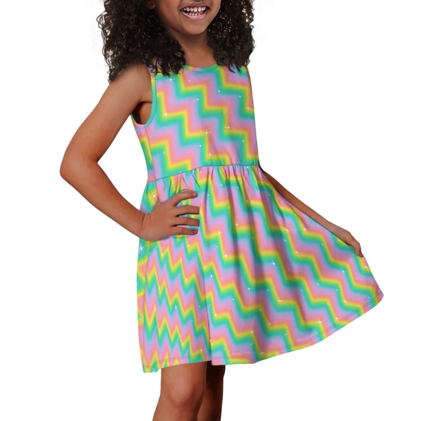 Girls Rainbow Zigzag Dress | Colorful Sleeveless Twirl Dress for Kids
