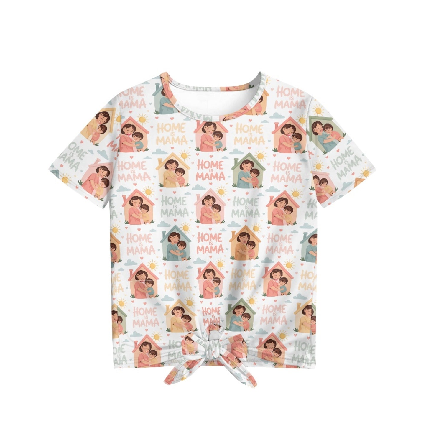 Home is Mama | Girl's All-Over Illustration Print Front-Tie Tee