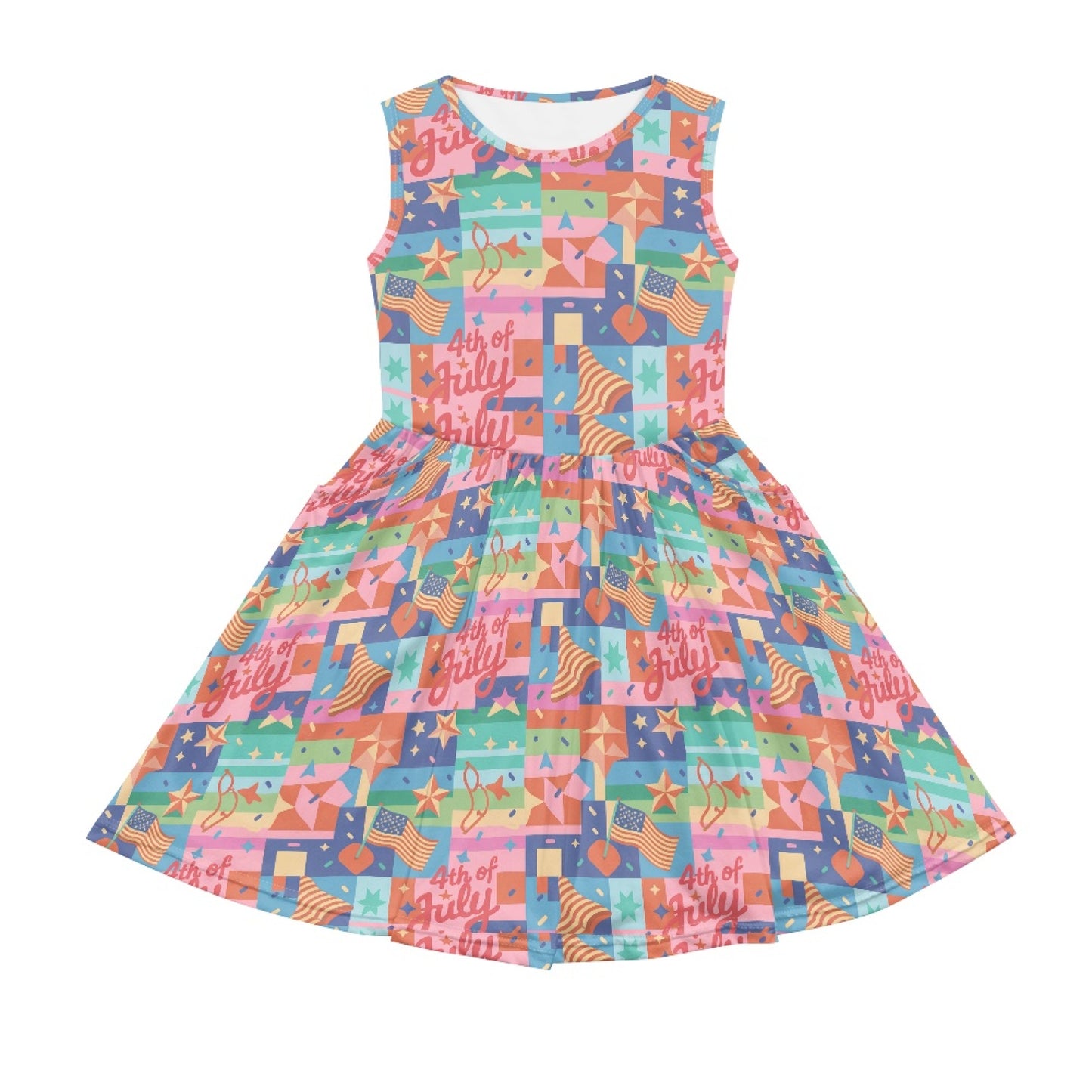 Girls 4th of July Patchwork Dress – Colorful Patriotic Sleeveless Twirl Dress for Toddler & Little Girls