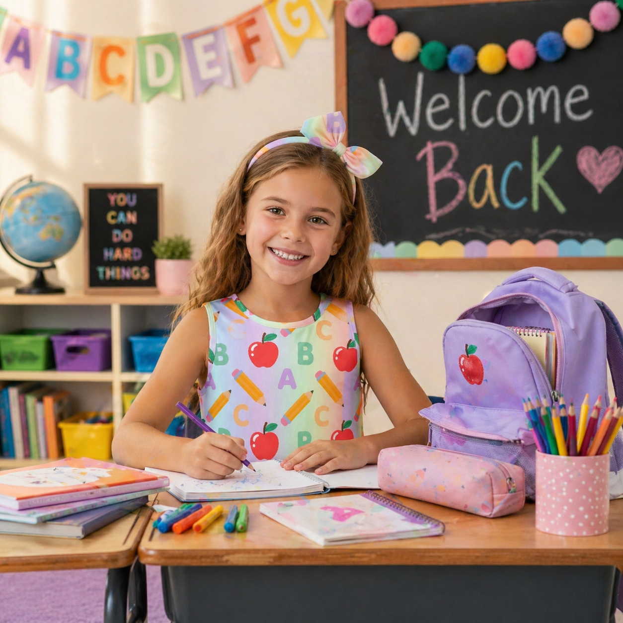 Girls ABC Apple Print Dress | Colorful Back to School Sleeveless Dress
