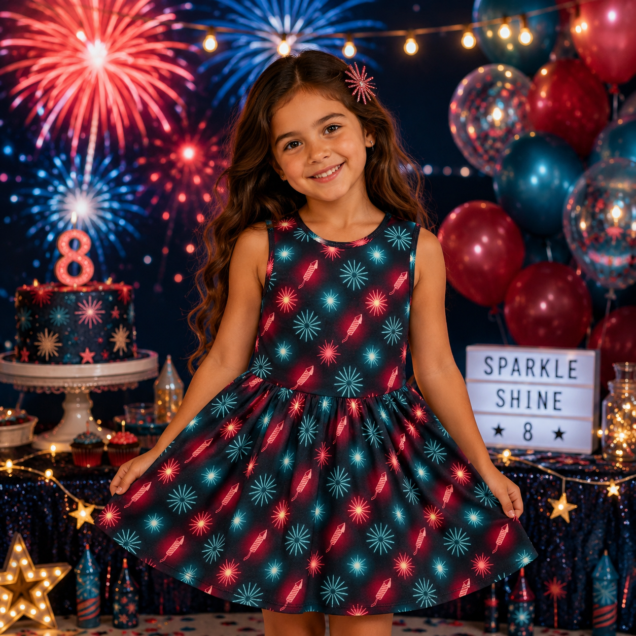 Girls Neon Fireworks Dress – Sleeveless Glow-Inspired Twirl Dress for Toddler & Little Girls