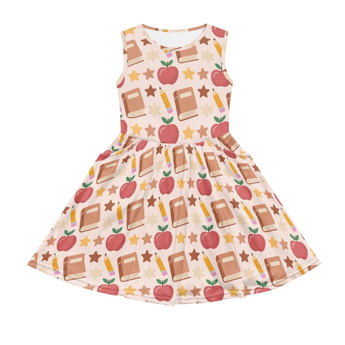 Girls Back to School Apple Print Dress | Cute School Theme Sleeveless Twirl Dress for Kids