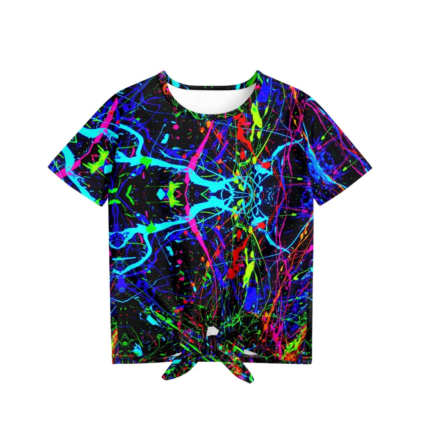 Neon Paint Splatter All-Over Print Girl's Front-Tie Tee