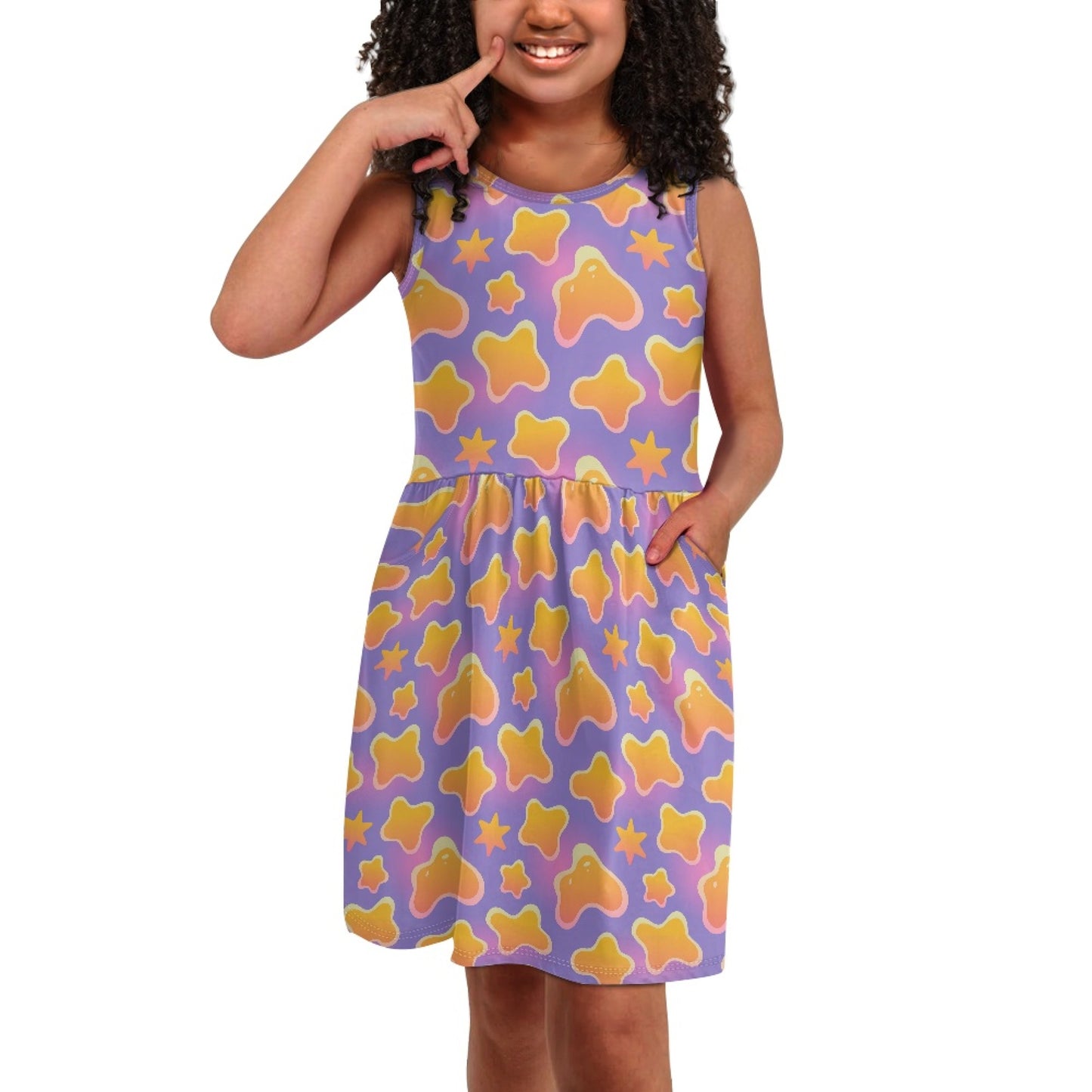 Girls Retro Star Dress – Cute Purple Sleeveless Twirl Dress for Toddler & Little Girls