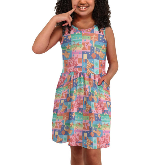 Girls 4th of July Patchwork Dress – Colorful Patriotic Sleeveless Twirl Dress for Toddler & Little Girls