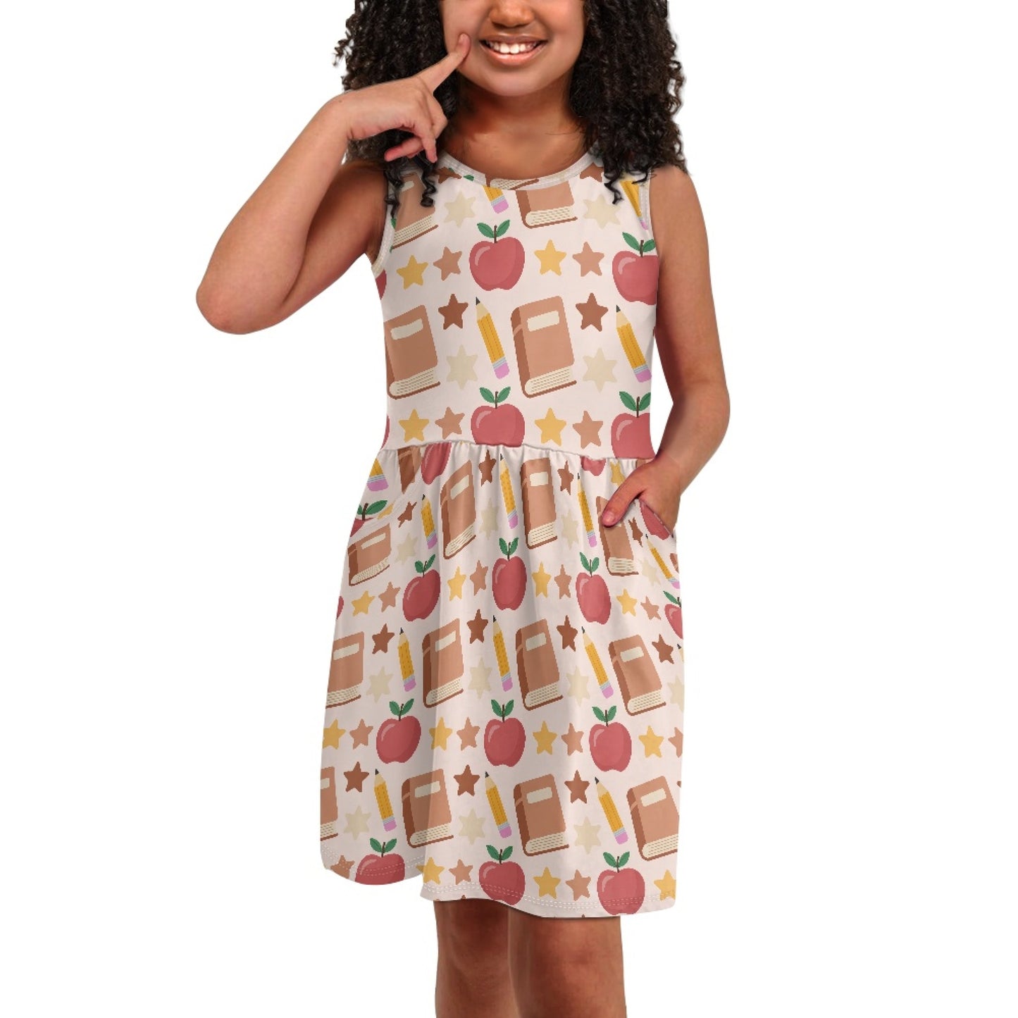 Girls Back to School Apple Print Dress | Cute School Theme Sleeveless Twirl Dress for Kids