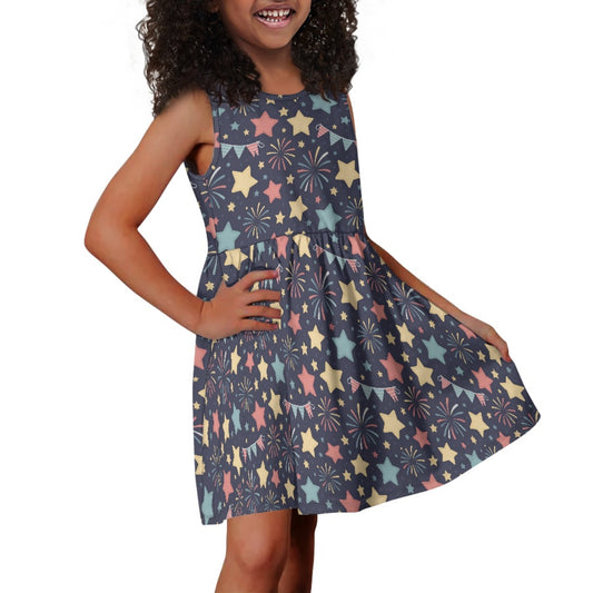 Girls Summer Star & Firework Dress – Colorful Sleeveless Twirl Dress for Little Girls