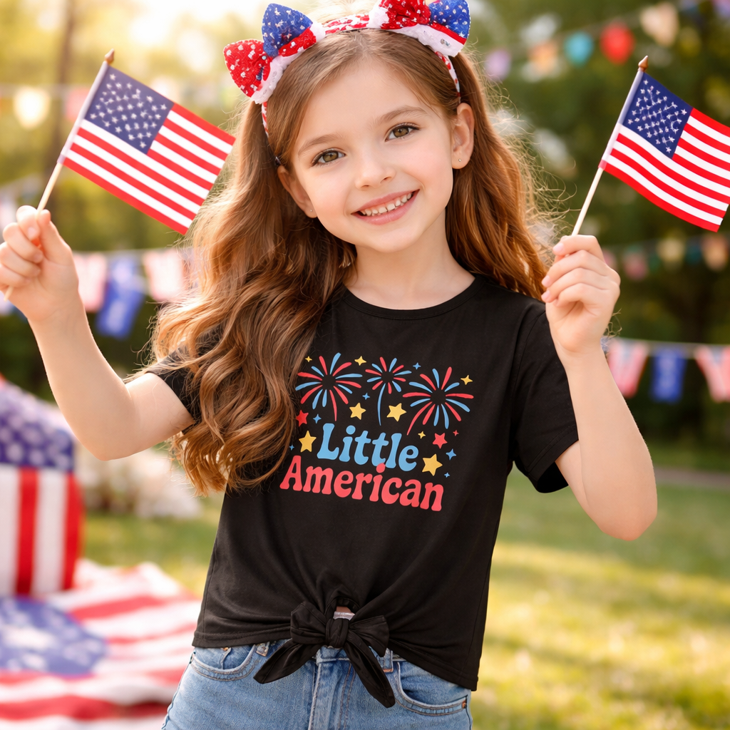 "Little American" | Girl's Fireworks Graphic Front-Tie Tee