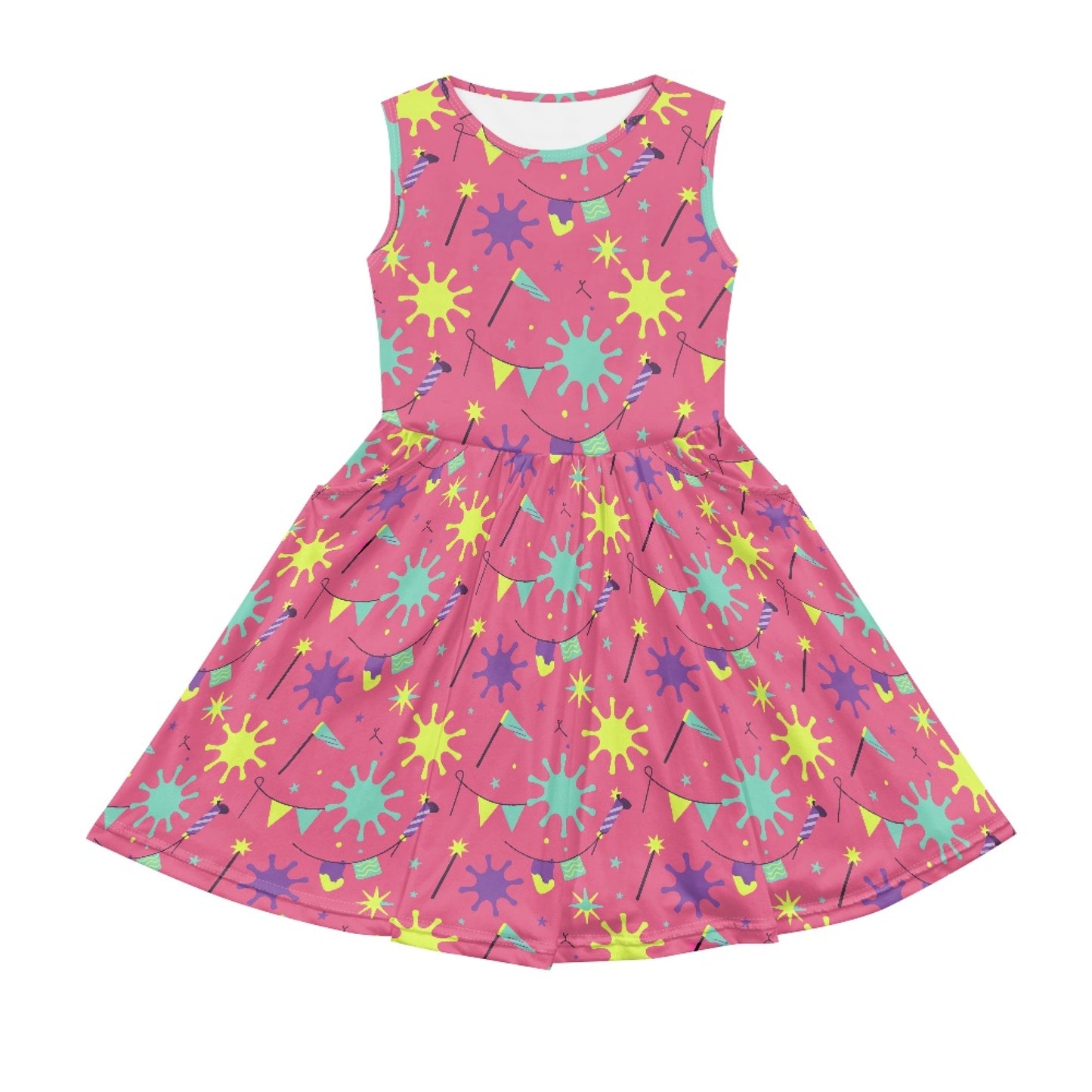 Girls Neon Party Dress – Cute Pink Sleeveless Twirl Dress for Toddler & Little Girls