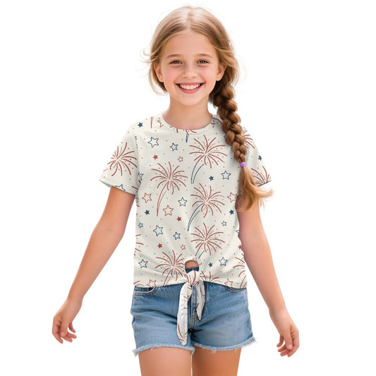 Independence Day Fireworks All-Over Print Girl's Front-Tie Tee
